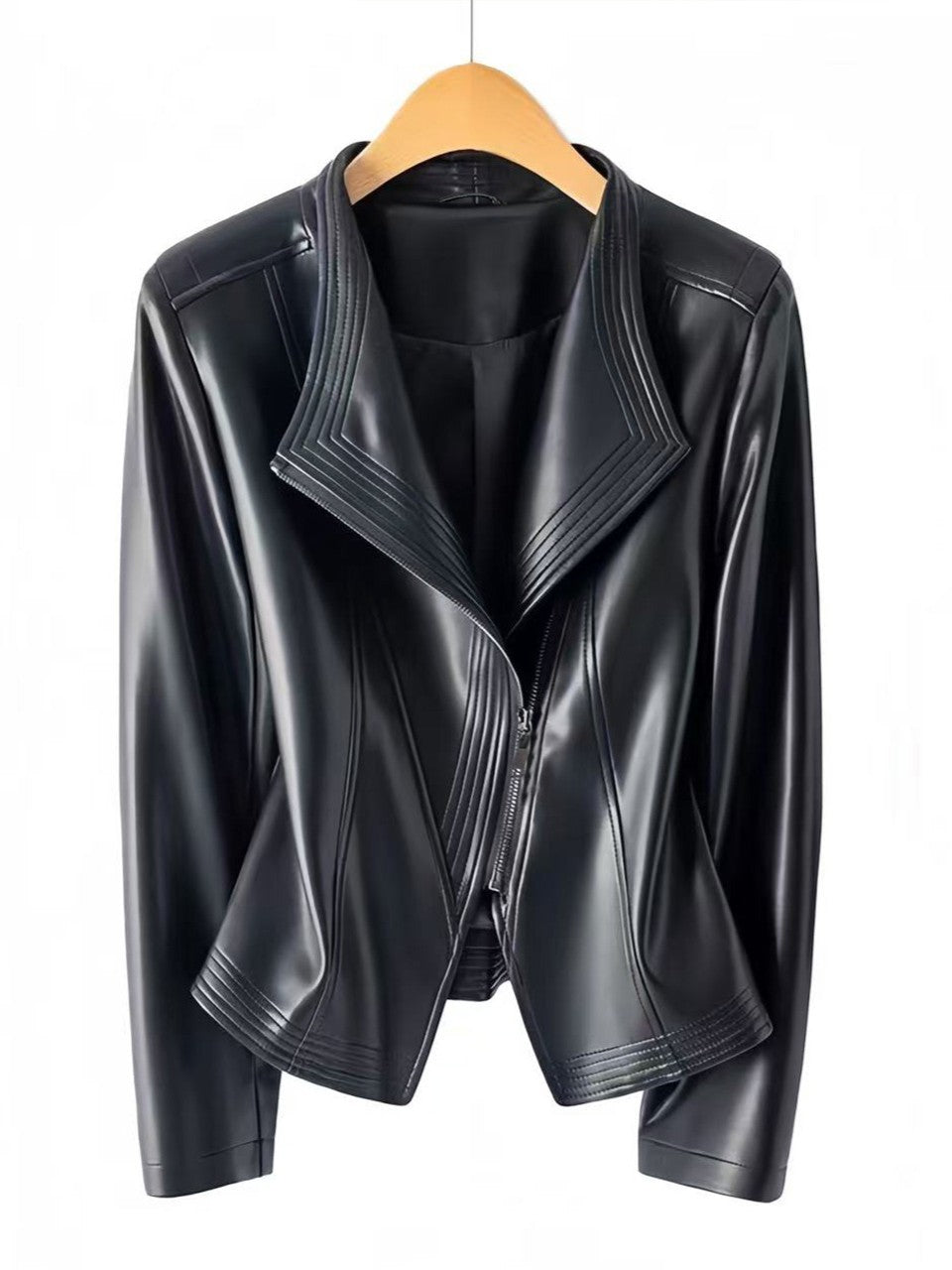 Damen Taillierte Kunstlederjacke mit asymmetrischem Reißverschluss und Ziersteppungen Shop Nory
