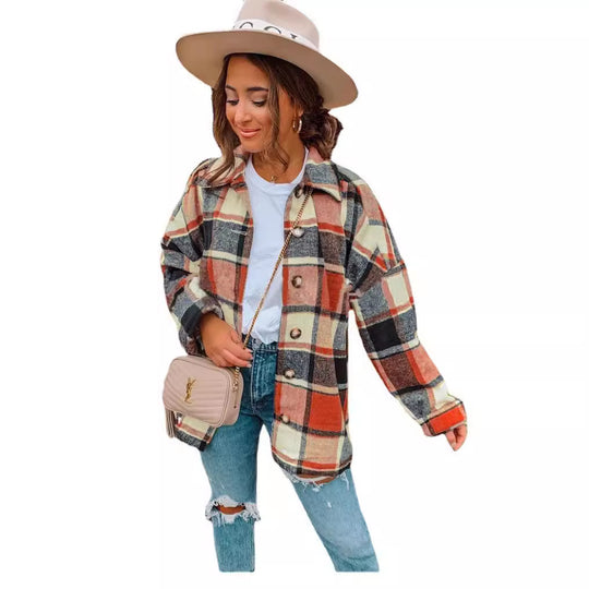 Damen Oversized Kariertes Flanell‑Shacket mit Brusttaschen und Holzknöpfen Shop Nory