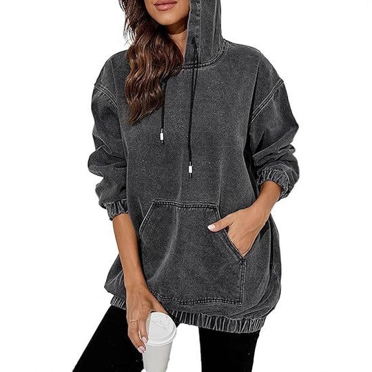 Damen Oversize Kapuzenpullover aus verwaschenem Jeansstoff mit Kängurutasche Shop Nory