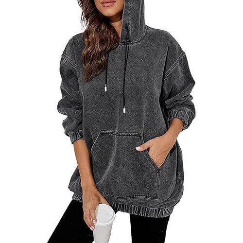 Damen Oversize Kapuzenpullover aus verwaschenem Jeansstoff mit Kängurutasche Shop Nory
