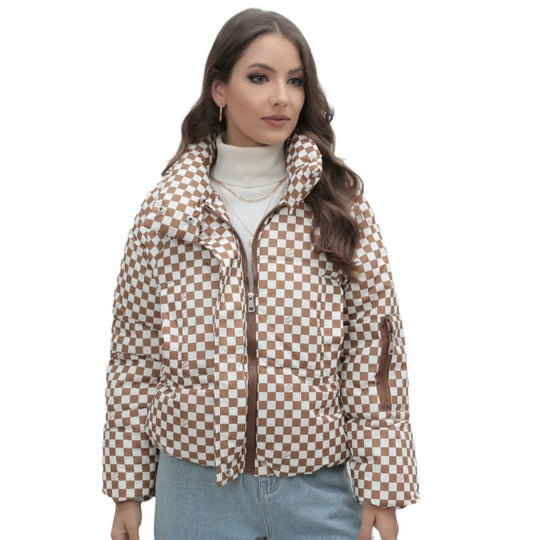 Damen Kurzgestepptes Karo-Winterjacke mit Stehkragen und Ärmeltasche Shop Nory