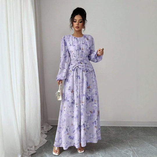Damen Maxikleid mit floralem Schmetterlingsprint, geraffter Taillenpartie und langen Ballonärmeln Shop Nory