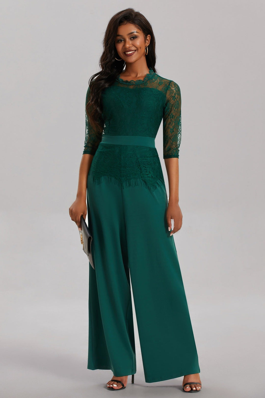 Eleganter Damen Jumpsuit mit Spitzenärmeln und Weitem Bein | Shopnory