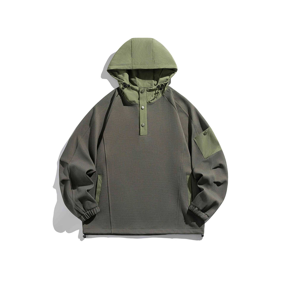 Unisex Oversize Kapuzen-Anorak-Pullover mit halber Druckknopfleiste, Utility-Ärmeltasche und Thermostruktur Shop Nory