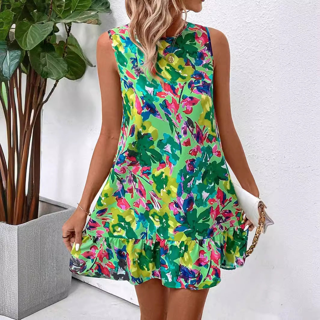 Damen nan luftiges A-Linien-Minikleid mit Rundhalsausschnitt und Volant-Saum