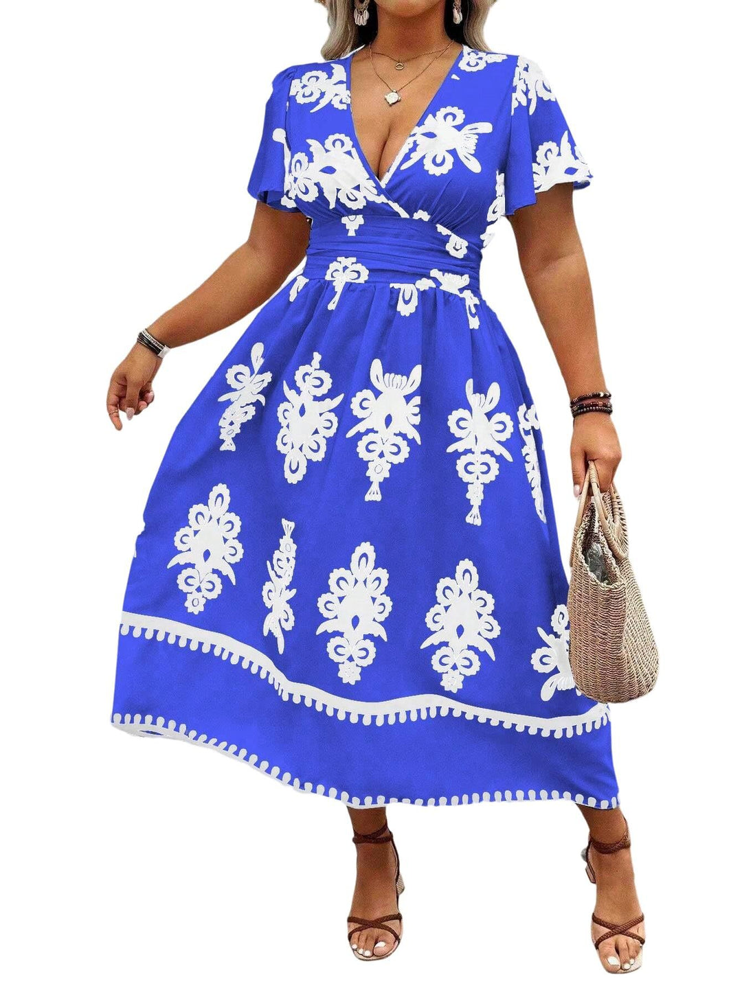 Damen Wickel-Midikleid mit taillierter Drapierung und dekorativem Bordürenprint Shop Nory