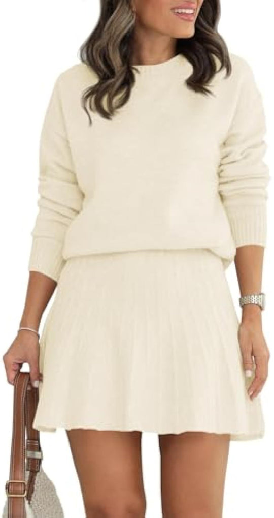 Damen Zweiteiliges Strick-Set mit Rundhals-Pullover und Plissée-Minirock Shop Nory