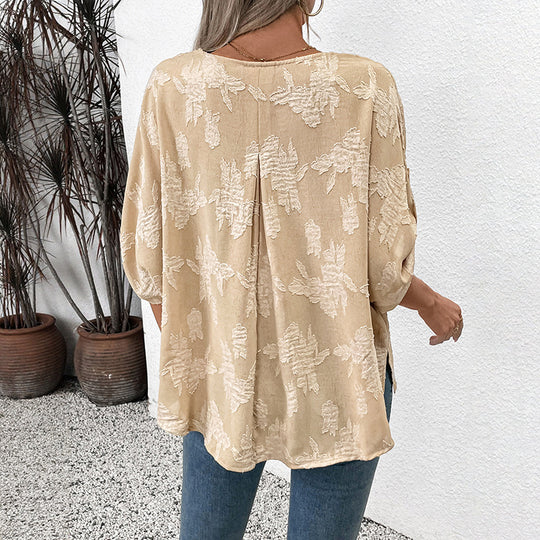 Damen leichte Oversize V-Neck Bluse mit strukturiertem Jacquardmuster und krempelbaren Ärmeln Shop Nory