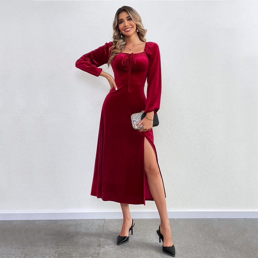 Damen elegantes Samt-Midikleid mit Binddetail am Bustier, taillierter Schnitt und seitlichem Oberschenkelschlitz Shop Nory