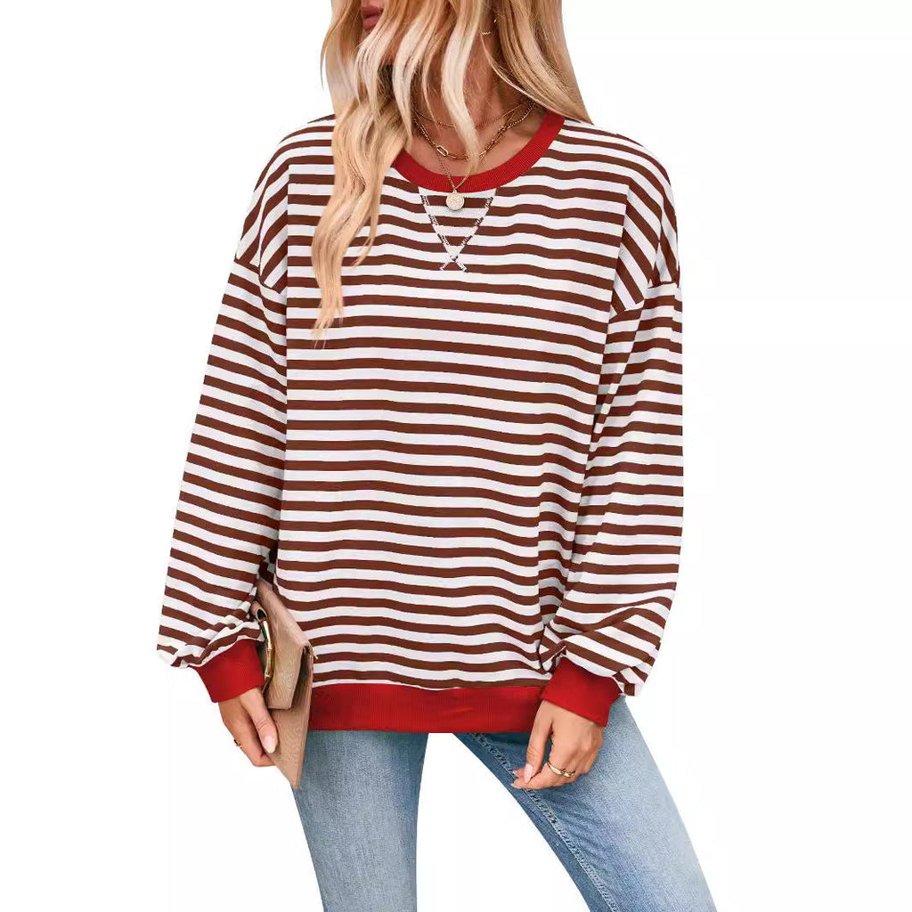 Damen lässiger Oversized Sweatshirt mit bunten Streifen und Kapuzenkordel