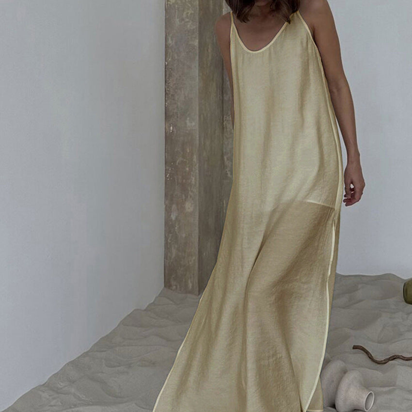 Damen Elegantes Satin-Maxikleid mit hauchdünnen Spaghettiträgern Shopnory