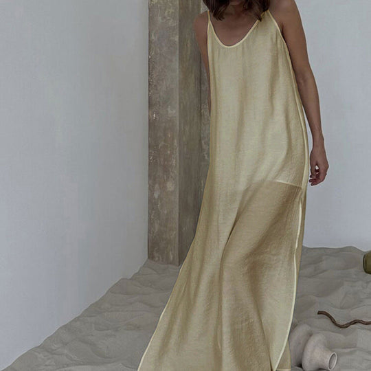 Damen Elegantes Satin-Maxikleid mit hauchdünnen Spaghettiträgern Shopnory