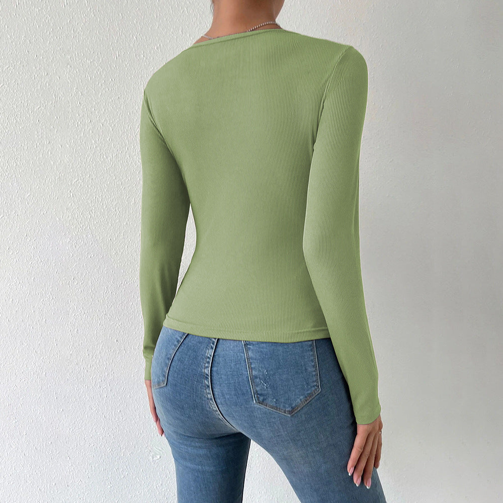 Damen geripptes Langarm-Top mit Keyhole-Detail, zierlichen Zierknöpfen und sculptender Stretch-Passform Shop Nory