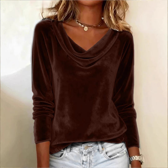 Damen Samt-Longsleeve mit Wasserfallkragen und legerem Schnitt Shop Nory