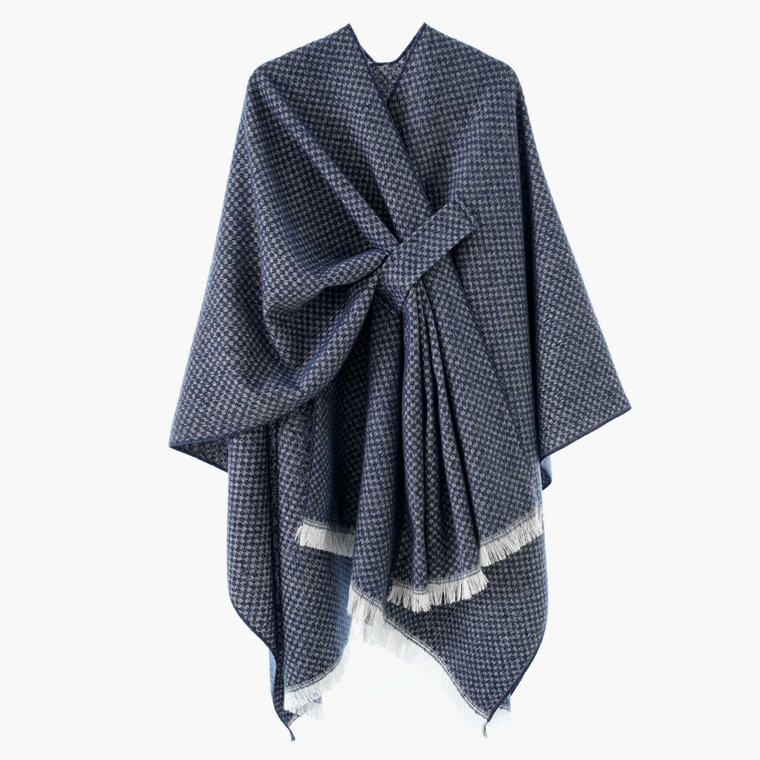 Damen Kastenförmiger Wickelponcho aus Wollmix mit Hahnentritt und Fransensaum Shop Nory