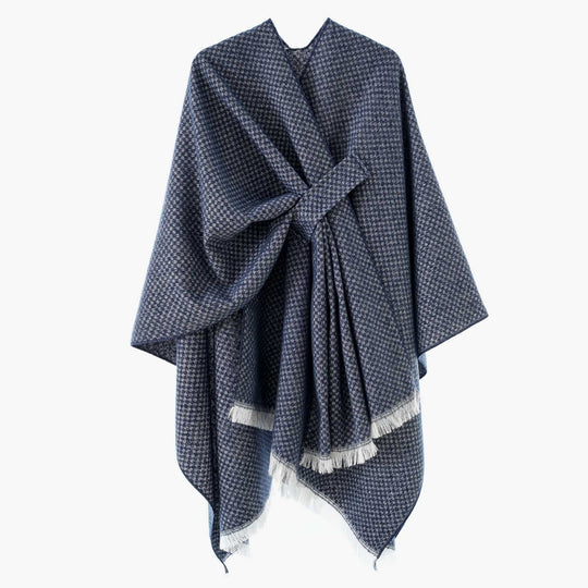 Damen Kastenförmiger Wickelponcho aus Wollmix mit Hahnentritt und Fransensaum Shop Nory