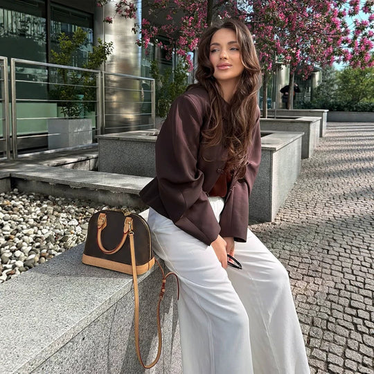 Damen Kurzgeschnittener kastiger Blazer mit Stehkragen und chinesischen Knotenknöpfen Shop Nory
