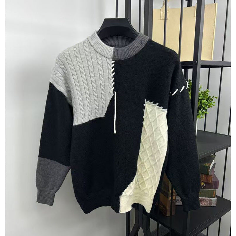 Unisex Patchwork-Oversize-Strickpullover mit Zopf- und Rautenmuster, dekorativen Kontrastnähten und Rundhalsausschnitt Shop Nory