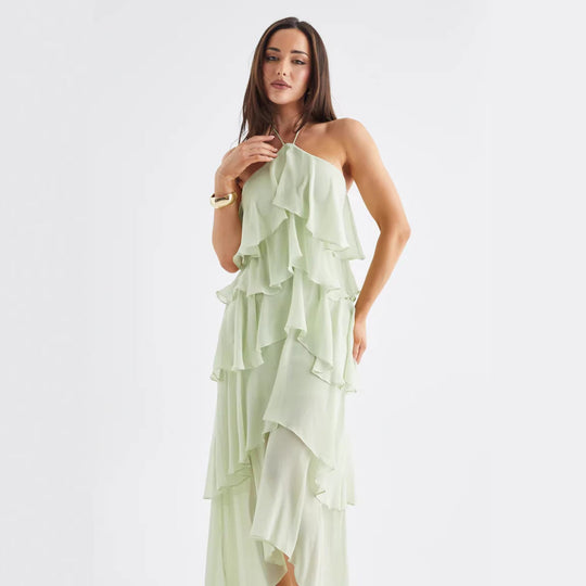 Damen Luftiges Chiffon-Maxikleid mit Rüschendetails und elegantem Halterneck