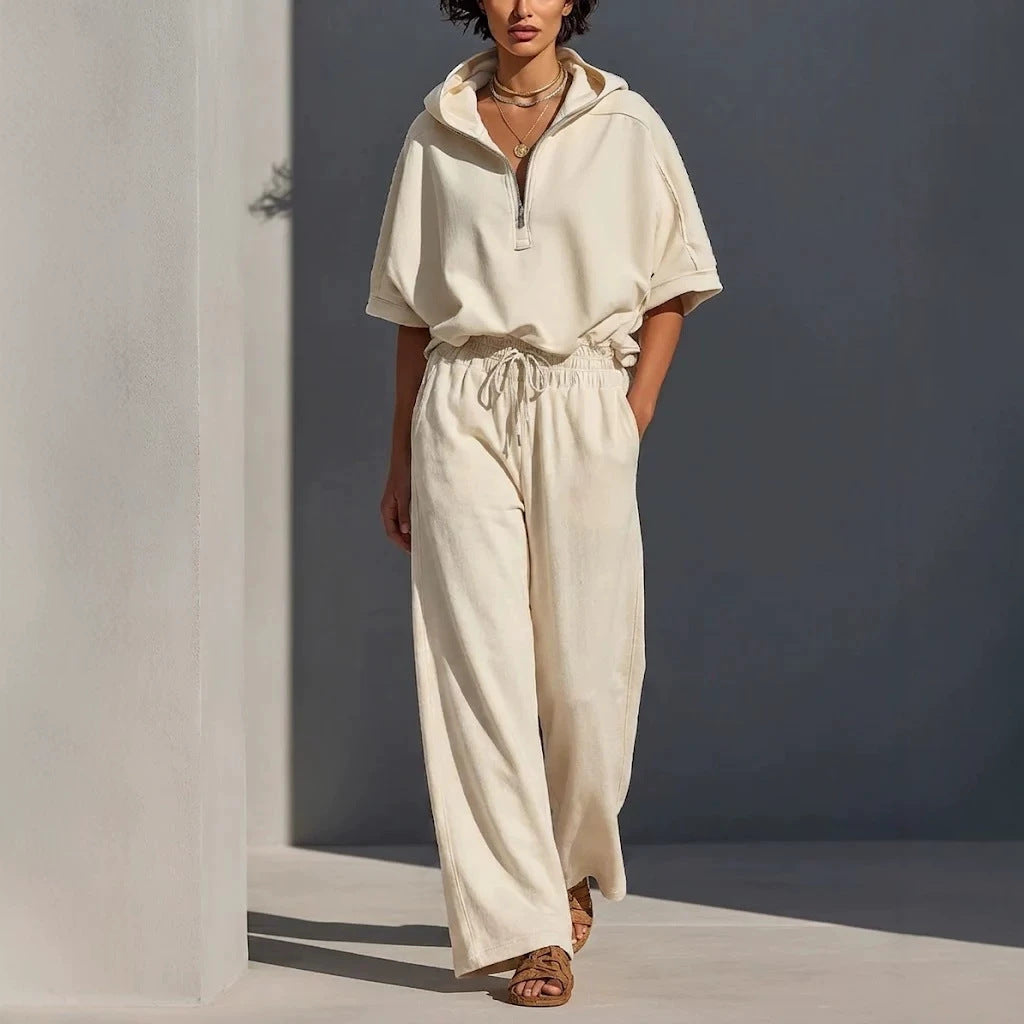 Damen Lässiges Lounge-Set mit Kapuzenpullover mit halbem Reißverschluss und weiter Palazzohose Shop Nory