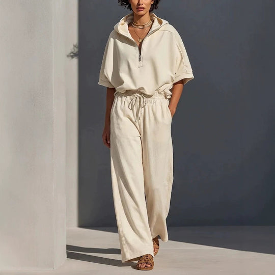Damen Lässiges Lounge-Set mit Kapuzenpullover mit halbem Reißverschluss und weiter Palazzohose Shop Nory