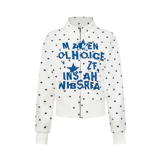 Damen Kurze Reißverschluss-Sweatjacke mit Stehkragen, Allover-Sternprint und Statement-Frontprint Shop Nory