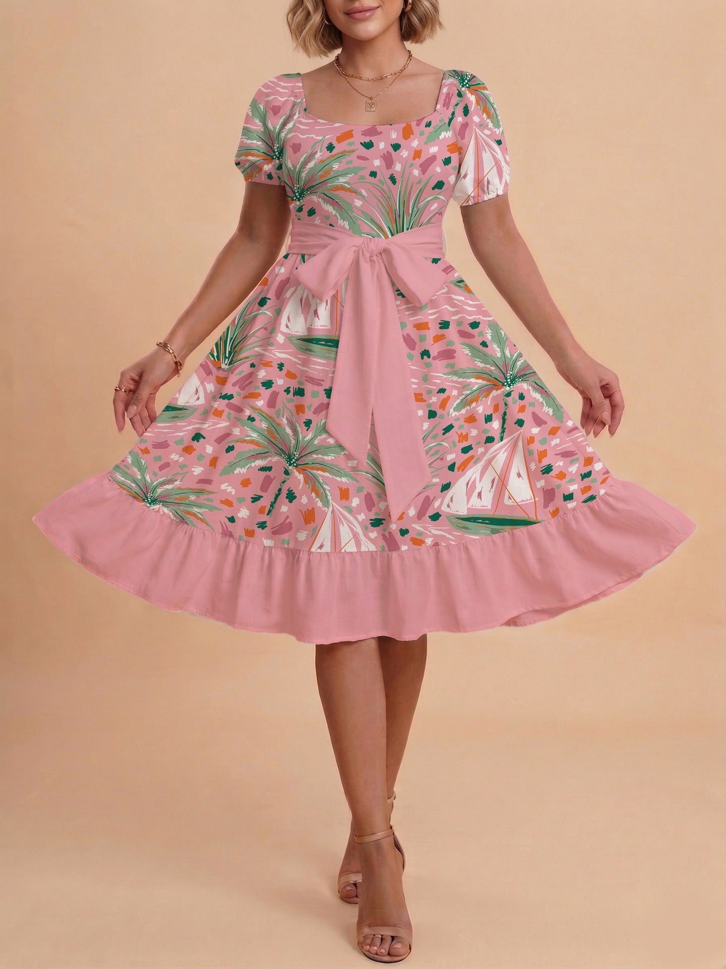 Damen Sommerliches Blumenkleid mit taillierbarem Gürtel und voluminösen Ärmeln