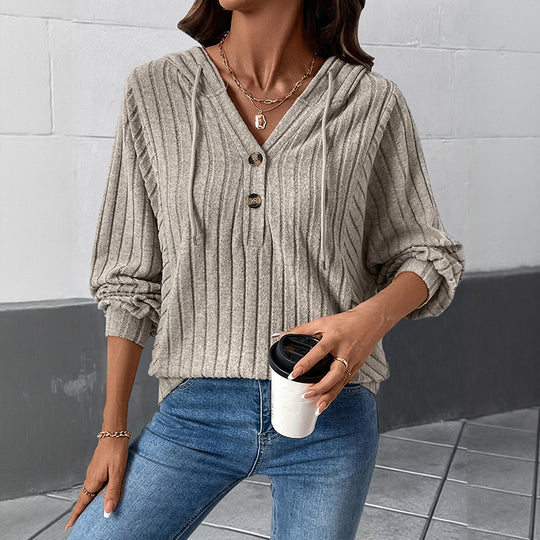 Damen Gerippter Kapuzenpullover mit V‑Ausschnitt, Knopfleiste und Oversize-Ärmeln Shop Nory