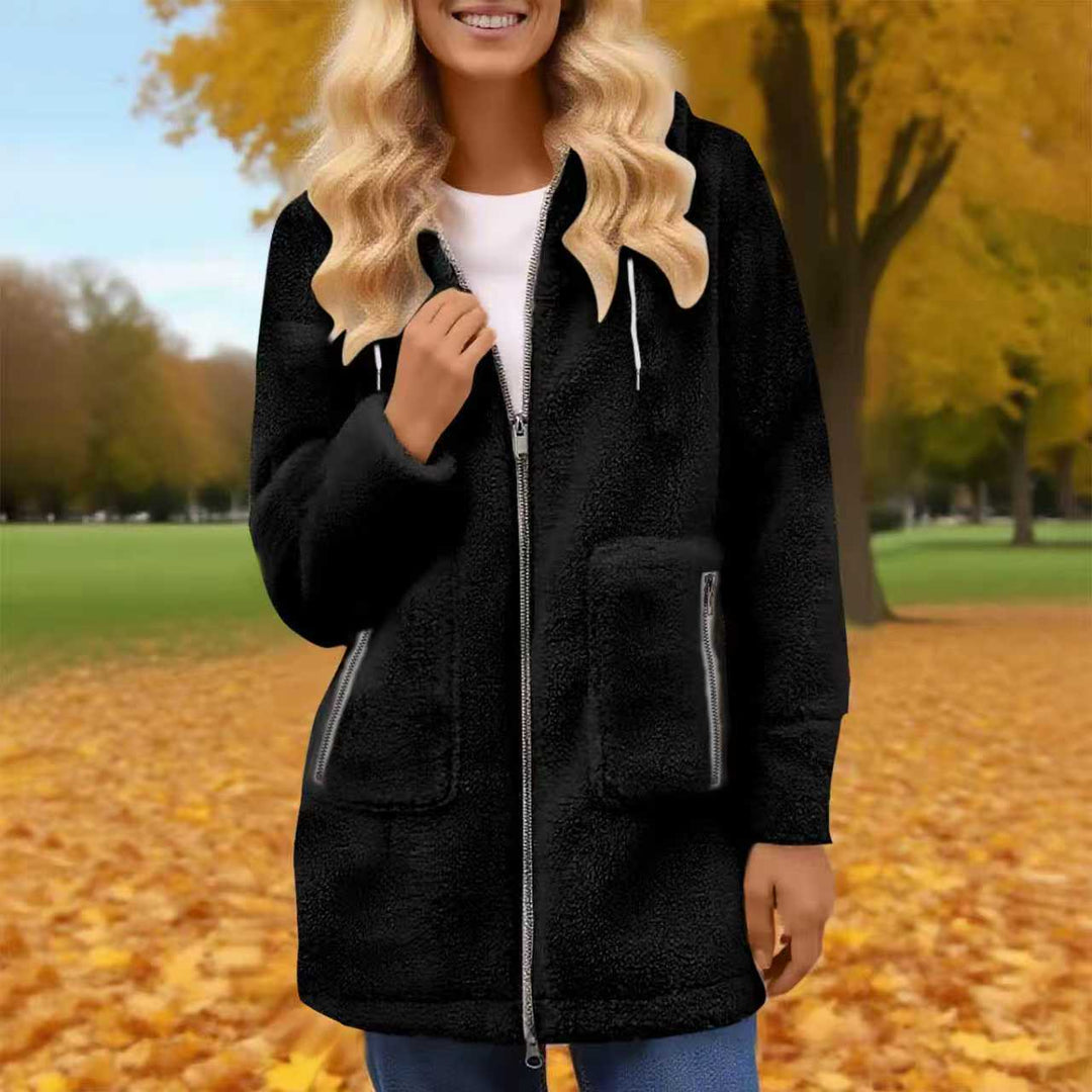 Damen Teddy-Fleece-Mantel mit Kapuze, durchgehendem Reißverschluss und aufgesetzten Taschen Shop Nory