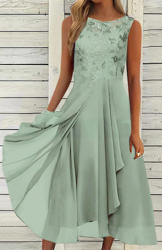 Damen nan ärmelloses Chiffon-Midikleid mit bestickter Brustpartie und asymmetrischem Lagenrock