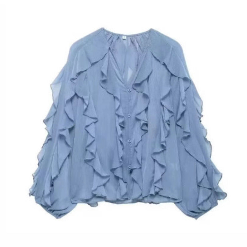 Damen nan feminine Chiffon-Volantbluse mit Ballonärmeln und V-Ausschnitt
