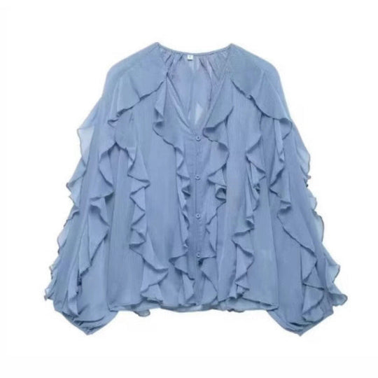 Damen nan feminine Chiffon-Volantbluse mit Ballonärmeln und V-Ausschnitt