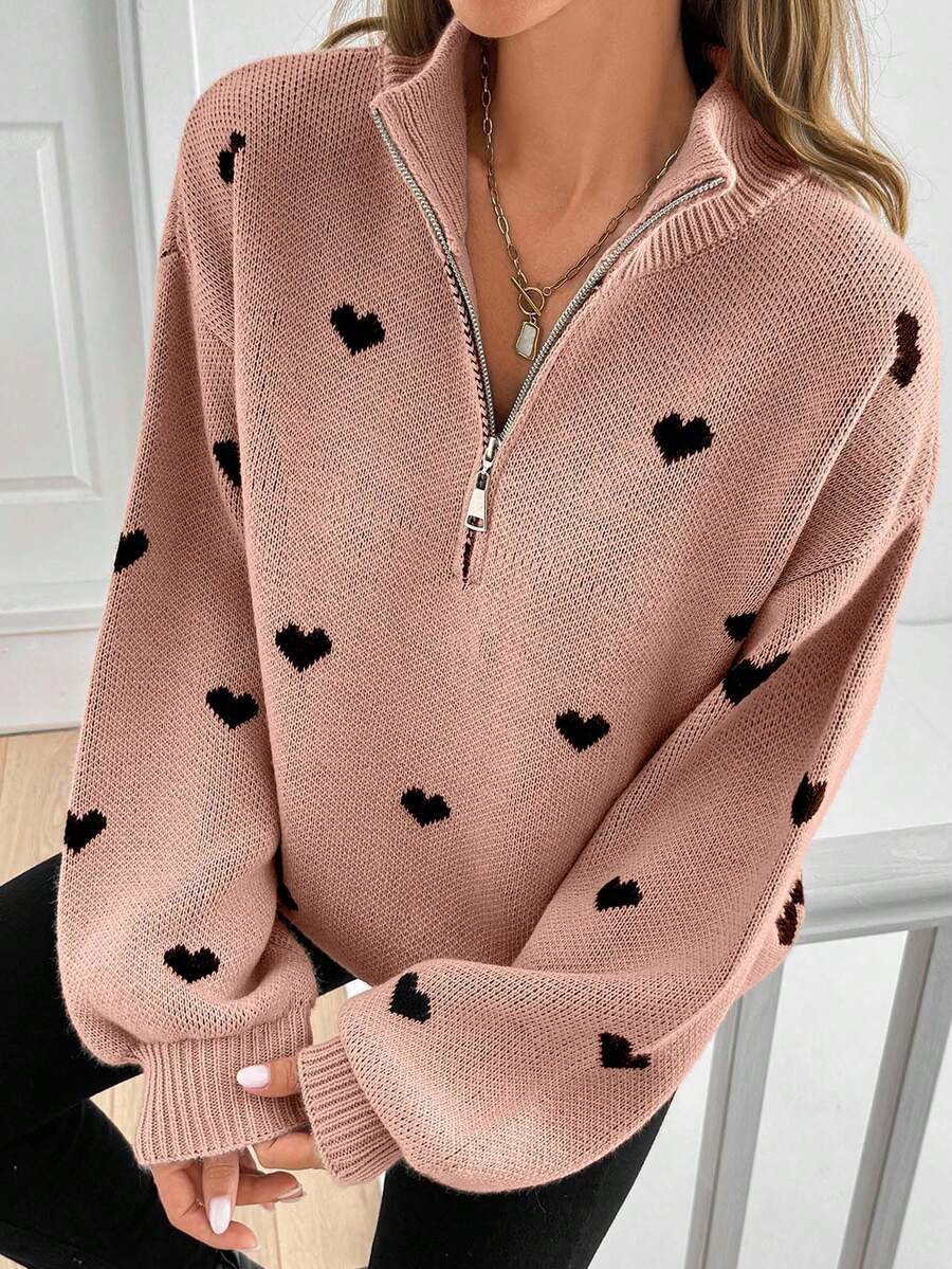 Damen Oversize Strickpullover mit Half-Zip und Herzmotiv Shop Nory