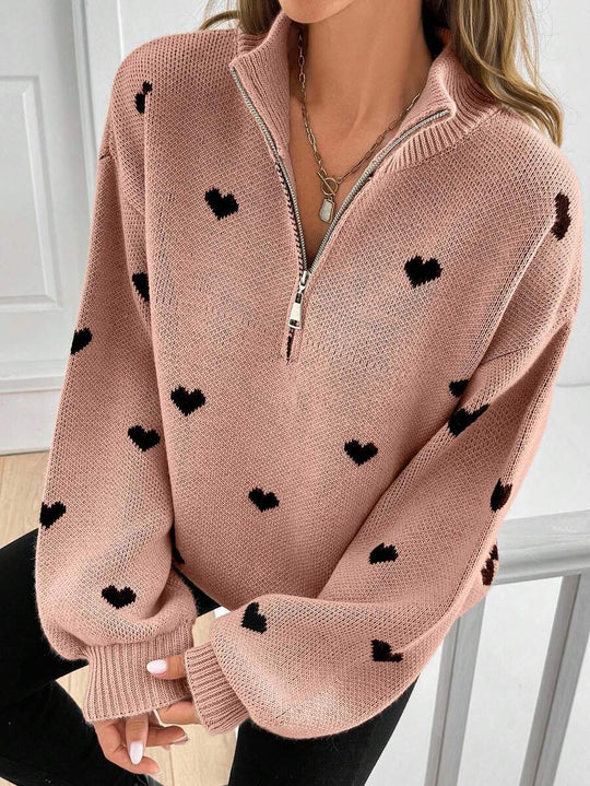 Damen Oversize Strickpullover mit Half-Zip und Herzmotiv Shop Nory