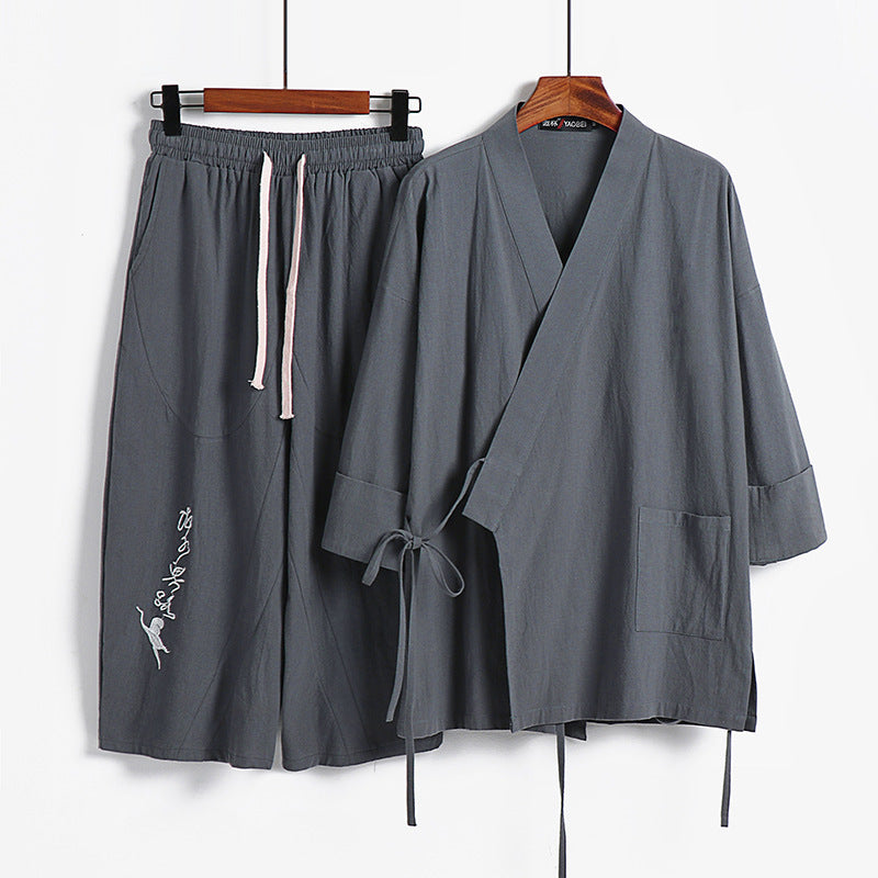 Unisex Leichtes Kimono-Loungewear-Set aus Baumwoll-Leinen mit bestickter Haremshose und Bindegürtel Shop Nory
