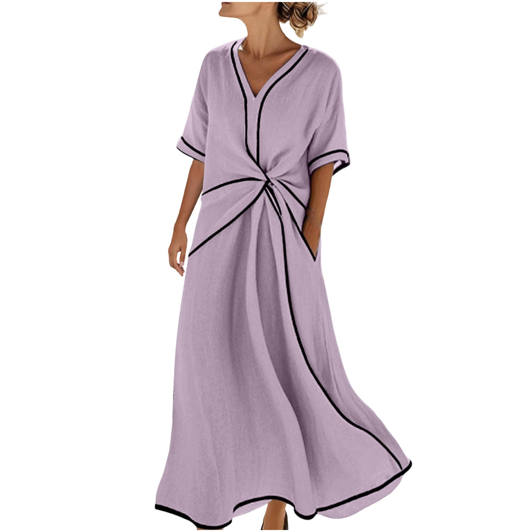 Damen Langes A-Linienkleid mit V‑Ausschnitt, Knoten-Detail und Kontrastpaspel Shop Nory