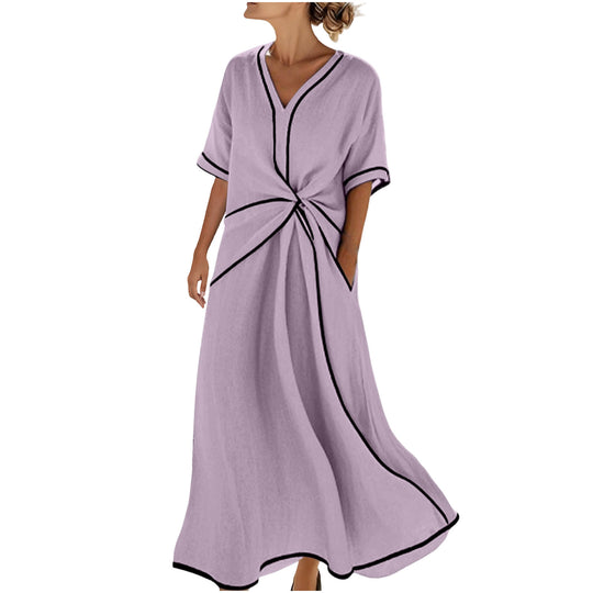 Damen Langes A-Linienkleid mit V‑Ausschnitt, Knoten-Detail und Kontrastpaspel Shop Nory