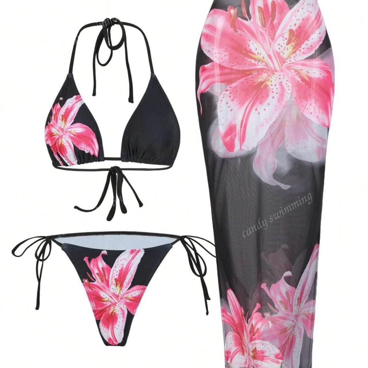 Damen Triangel-Bikini-Set mit floralen Mustern und transparentem Maxirock