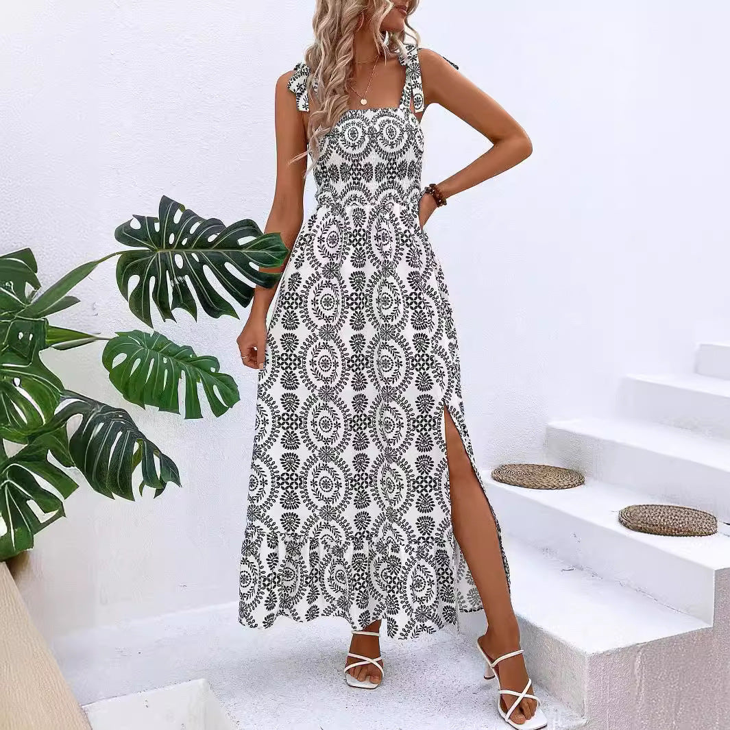 Damen Maxikleid mit Smok-Bustier, Bindeträgern und seitlichem Beinschlitz Shop Nory