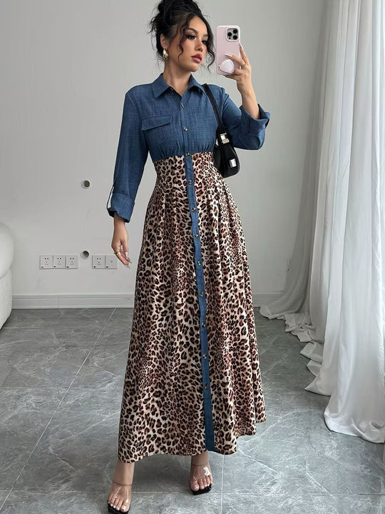 Damen Hemdblusenkleid mit Jeansoberteil und Leoparden-Maxirock Shop Nory