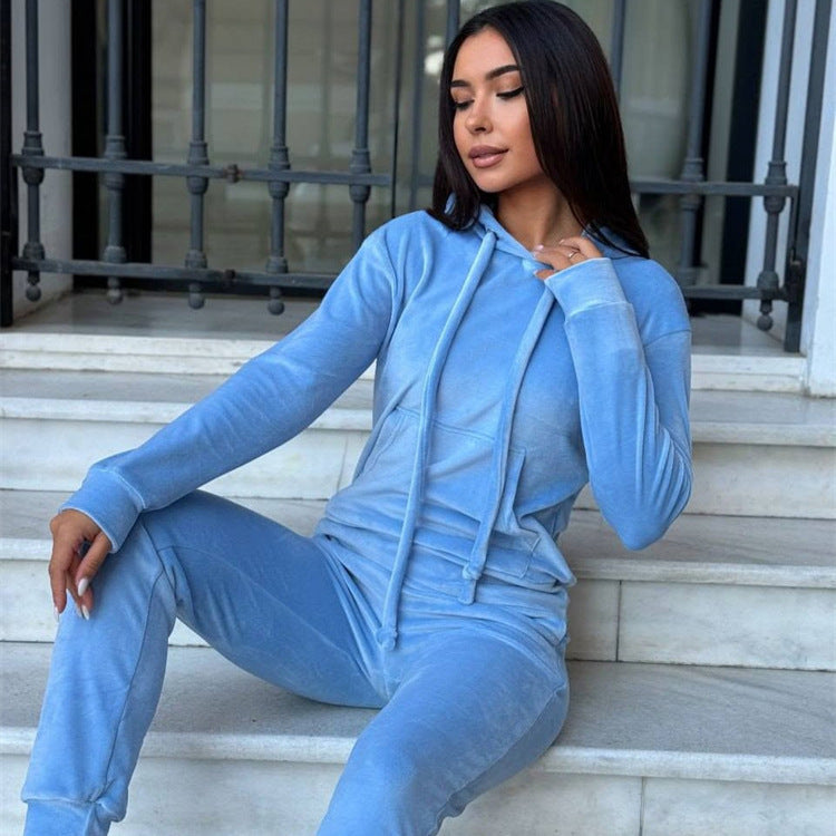 Damen weiches Velours-Lounge-Set mit Kapuzenpullover und tapered Jogginghose Shop Nory