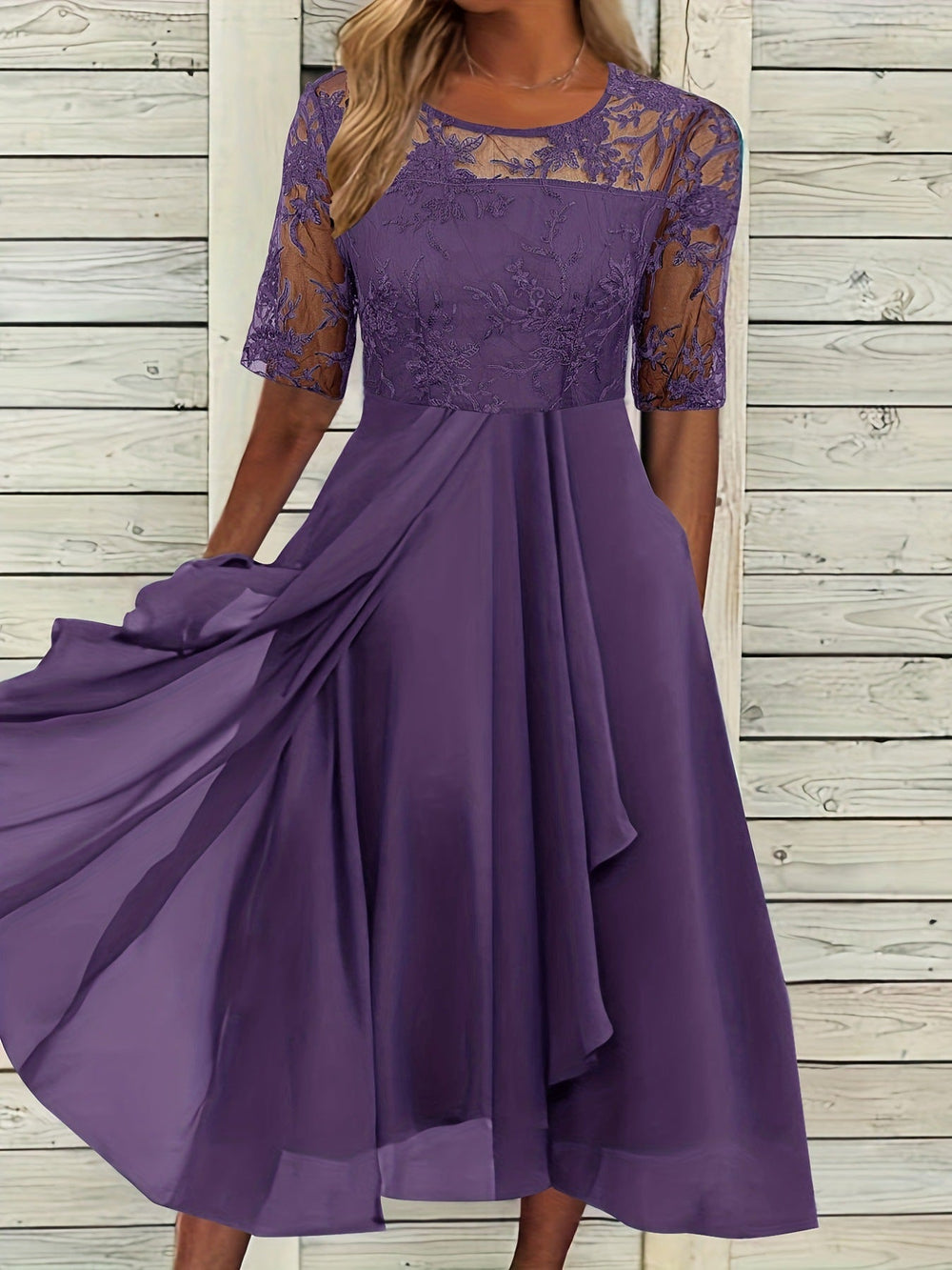 Damen Elegantes Midikleid mit Spitzenärmeln und schwingendem Rock