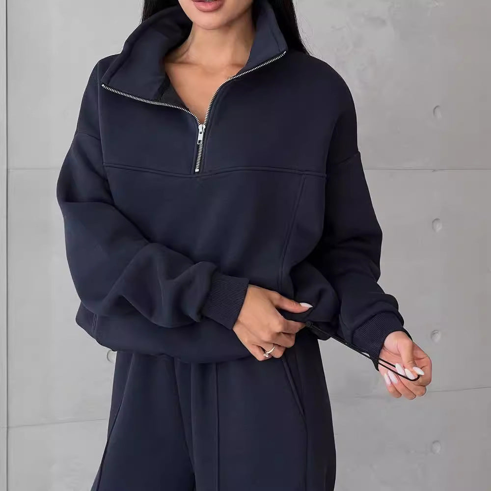 Damen Weiches Oversized Lounge-Set mit Troyer-Kragen, Eingrifftaschen und schmeichelhafter High-Waist Hose Shop Nory