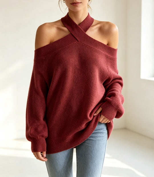 Damen Grobgestrickter schulterfreier Pullover mit überkreuztem Neckholder Shop Nory
