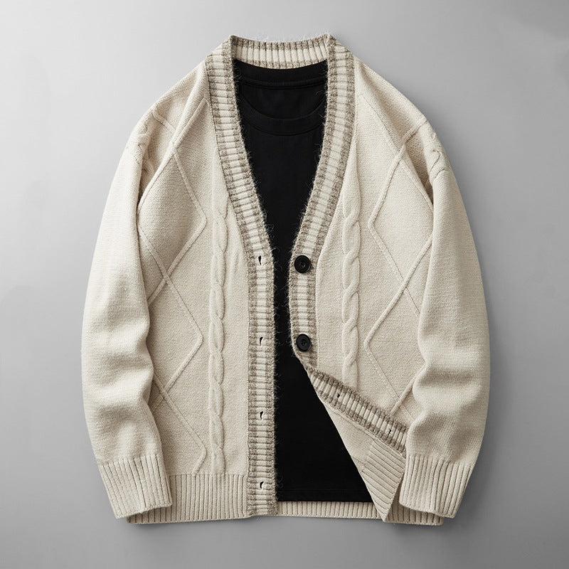 Herren Strickcardigan mit Zopfmuster, V-Ausschnitt und Kontrastkante Shop Nory
