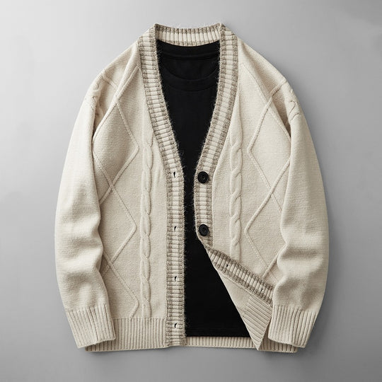 Herren Strickcardigan mit Zopfmuster, V-Ausschnitt und Kontrastkante Shop Nory