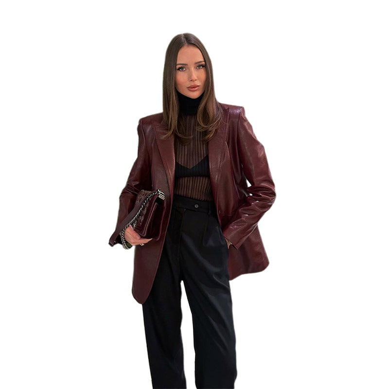 Damen Glattleder-Blazer mit strukturierter Schulterpartie und verlängertem Schnitt Shop Nory