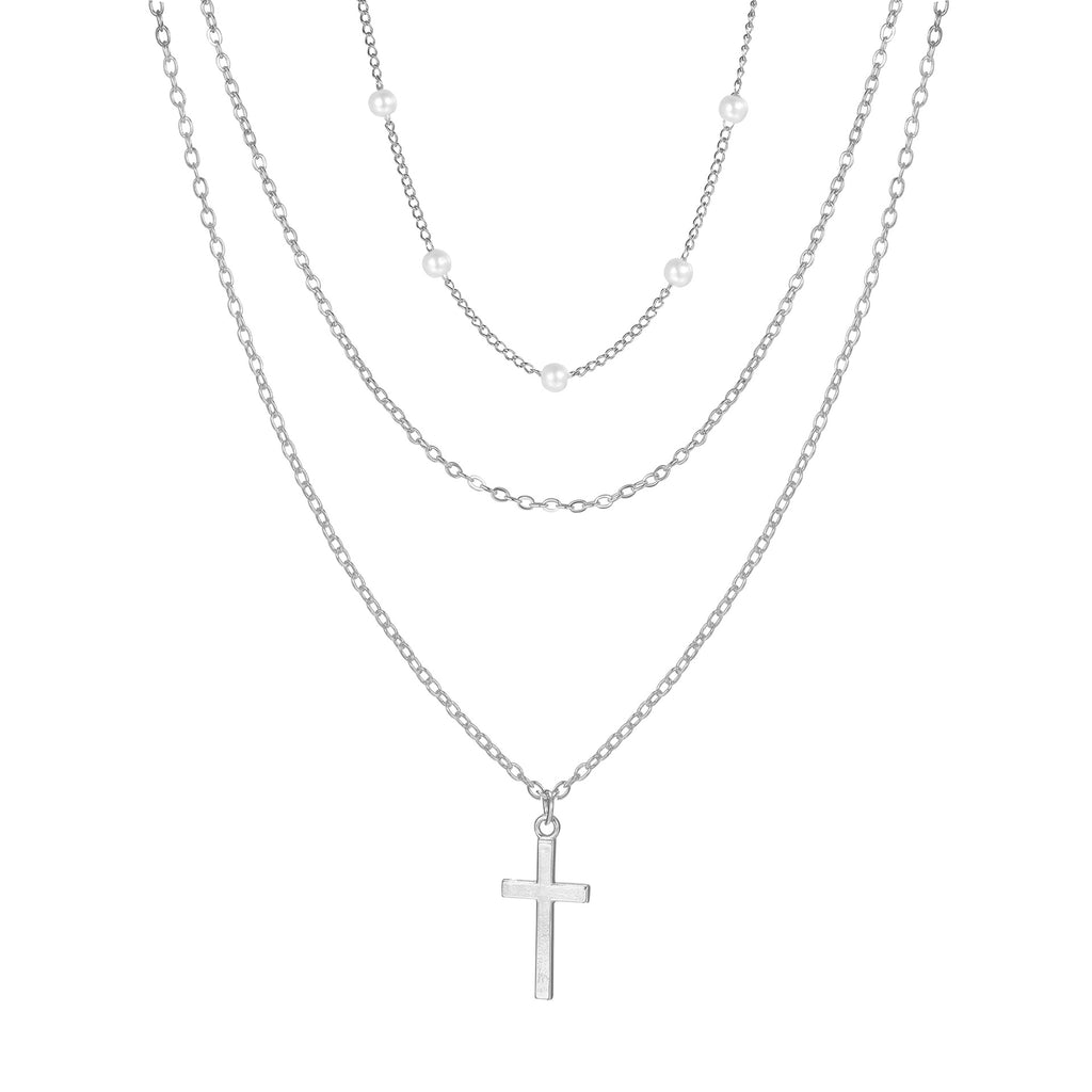 Damen Halskette mit mehreren Perlensträngen und Kreuzanhänger Shop Nory