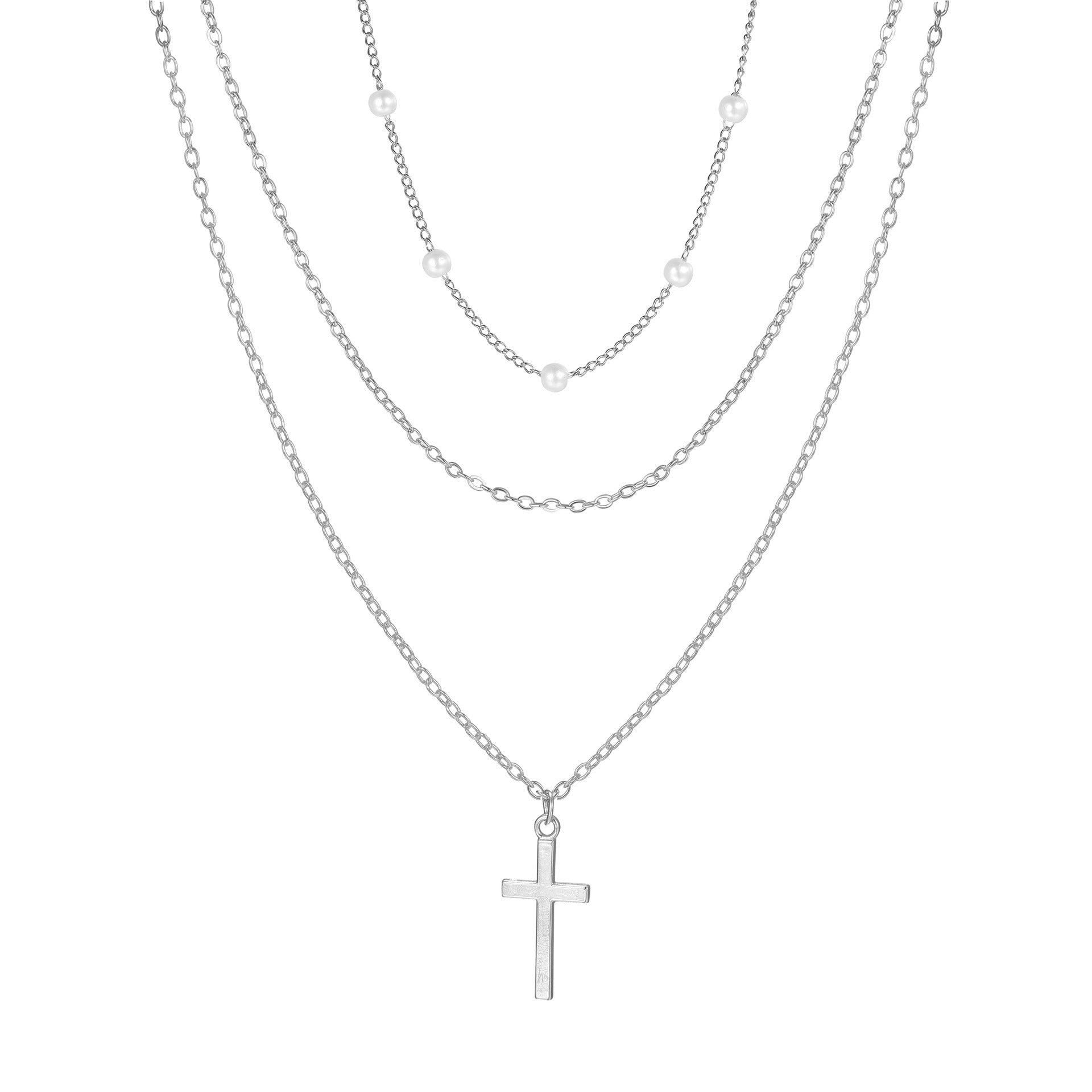 Damen Halskette mit mehreren Perlensträngen und Kreuzanhänger Shop Nory
