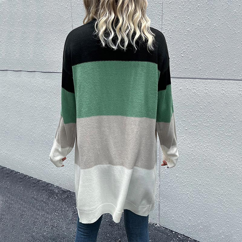 Damen Longline Strickcardigan mit Farbblockmuster, offener Front und lässiger Oversize‑Passform Shop Nory